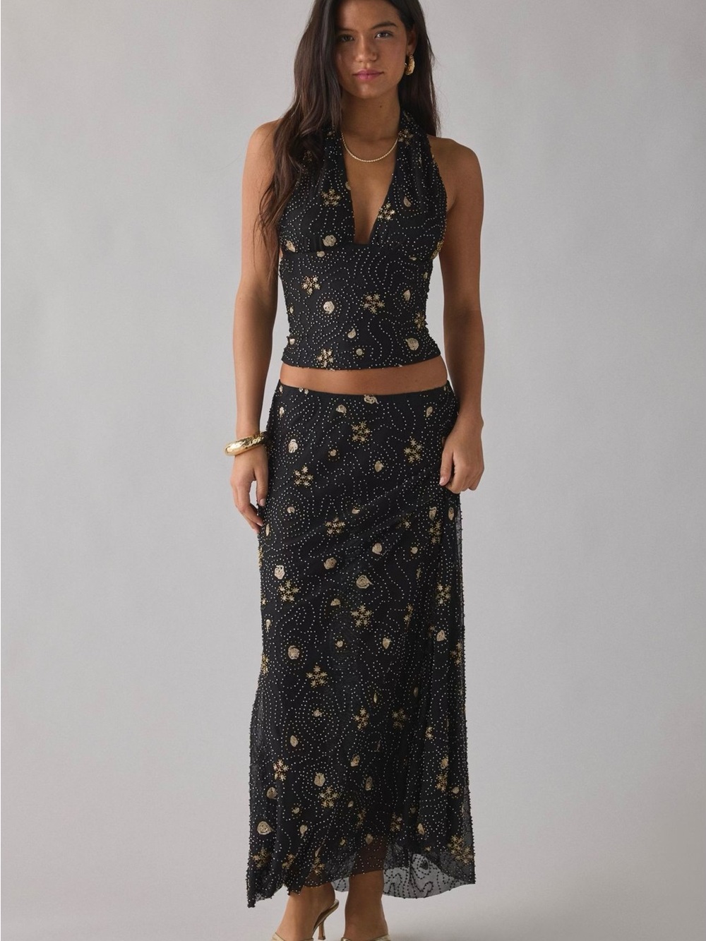 Urban Outfitters: Shimmer Haze Beaded Embroidered Sheer Mesh Skirt 2-Piece Set